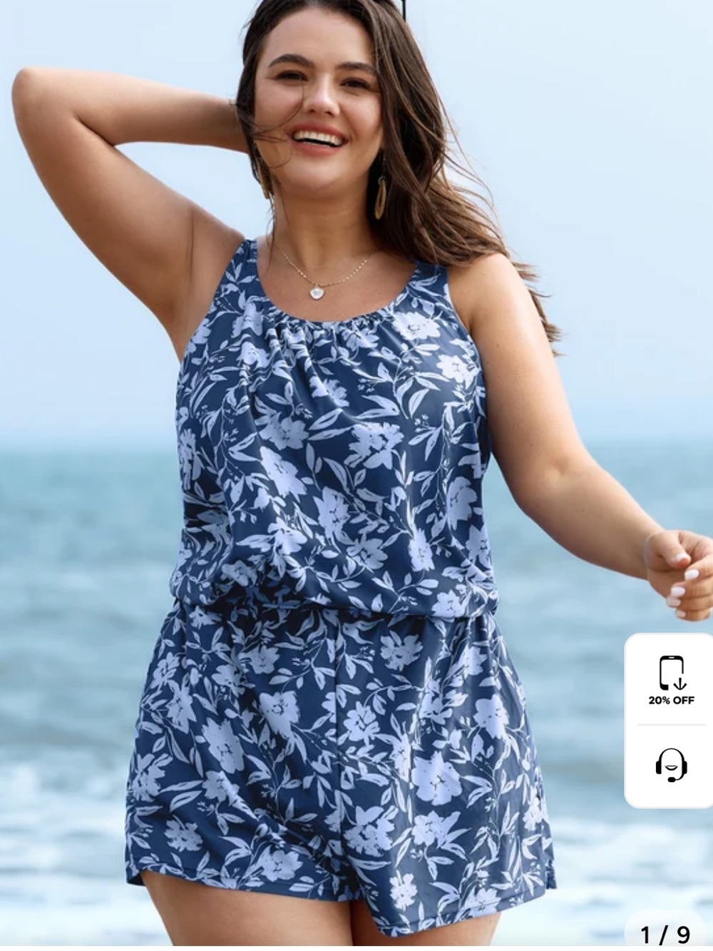 👗Bloomchic Blue Floral swim Sleeveless Romper shorts